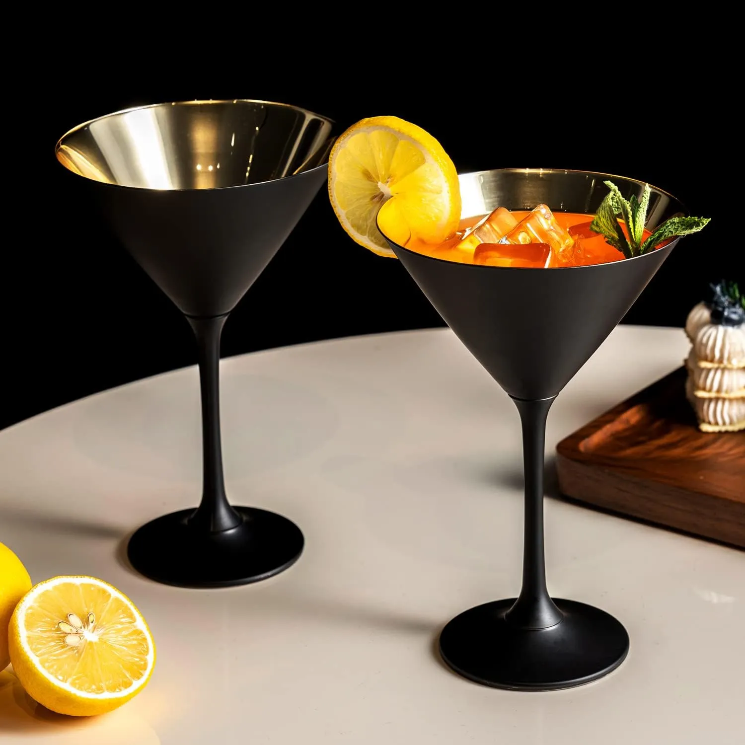 MyGift 8 Ounce Modern Matte Black and Metallic Gold Tone Plated Martini Glasses, Drinking Glass for a Cocktail Party, Wedding, or Anniversary Dinner, Set of 2