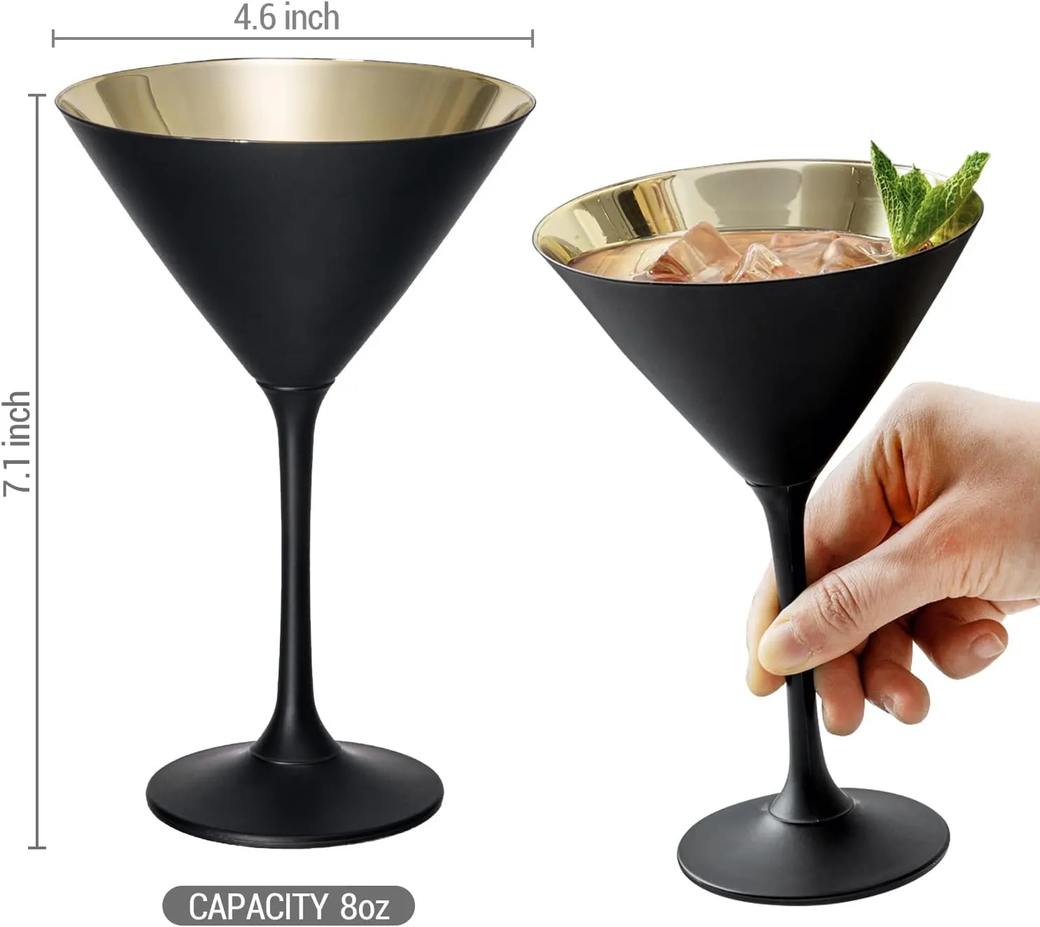 MyGift 8 Ounce Modern Matte Black and Metallic Gold Tone Plated Martini Glasses, Drinking Glass for a Cocktail Party, Wedding, or Anniversary Dinner, Set of 2