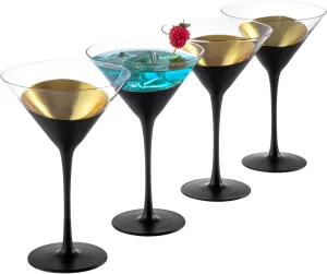MyGift Modern Matte Black and Gold Tone Plated Martini Glasses - Cocktail Party Drinkware Stemmed Drinking 8 oz Glass, Set of 4