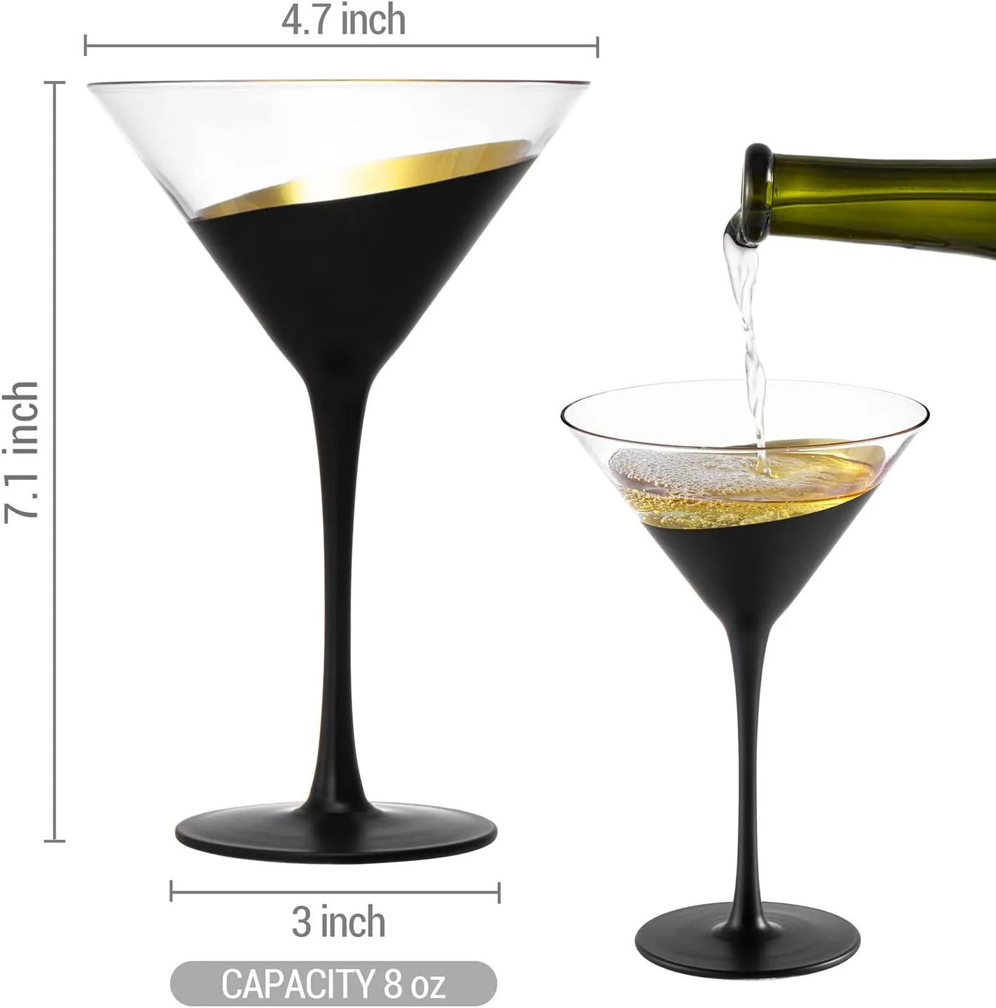 MyGift Modern Matte Black and Gold Tone Plated Martini Glasses - Cocktail Party Drinkware Stemmed Drinking 8 oz Glass, Set of 4