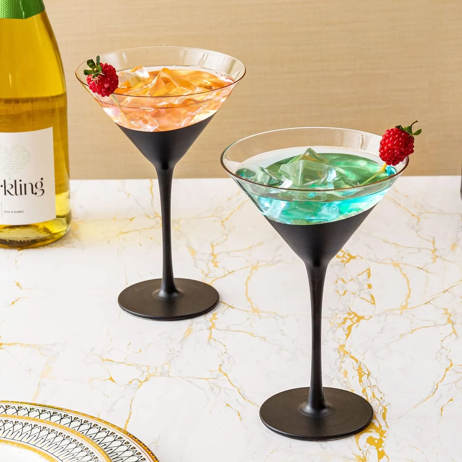 MyGift Modern Matte Black and Gold Tone Plated Martini Glasses - Cocktail Party Drinkware Stemmed Drinking 8 oz Glass, Set of 4