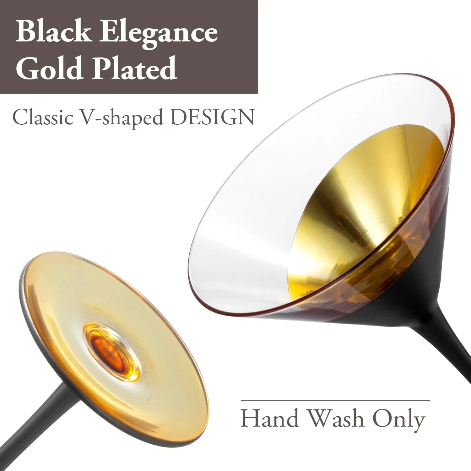 MyGift Modern Matte Black and Gold Tone Plated Martini Glasses - Cocktail Party Drinkware Stemmed Drinking 8 oz Glass, Set of 4