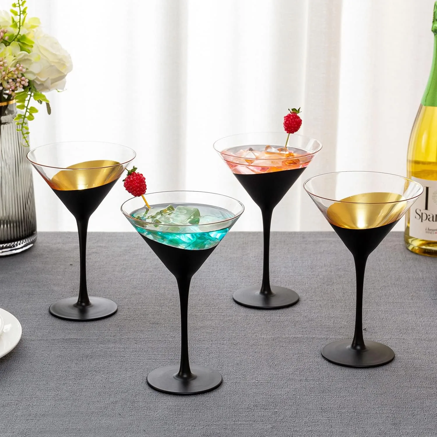 MyGift Modern Matte Black and Gold Tone Plated Martini Glasses - Cocktail Party Drinkware Stemmed Drinking 8 oz Glass, Set of 4