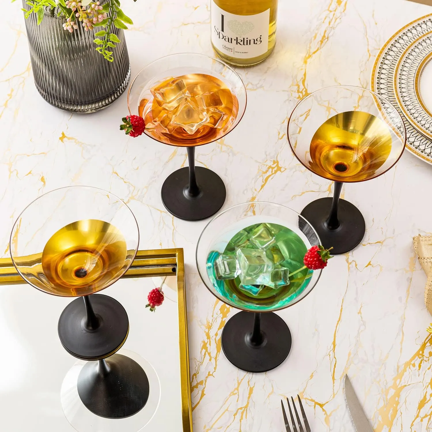 MyGift Modern Matte Black and Gold Tone Plated Martini Glasses - Cocktail Party Drinkware Stemmed Drinking 8 oz Glass, Set of 4