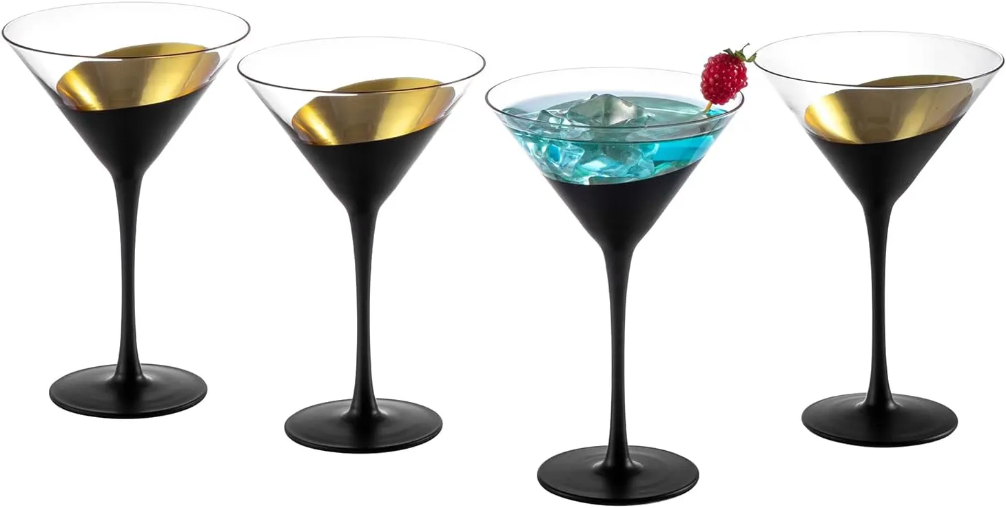 MyGift Modern Matte Black and Gold Tone Plated Martini Glasses - Cocktail Party Drinkware Stemmed Drinking 8 oz Glass, Set of 4