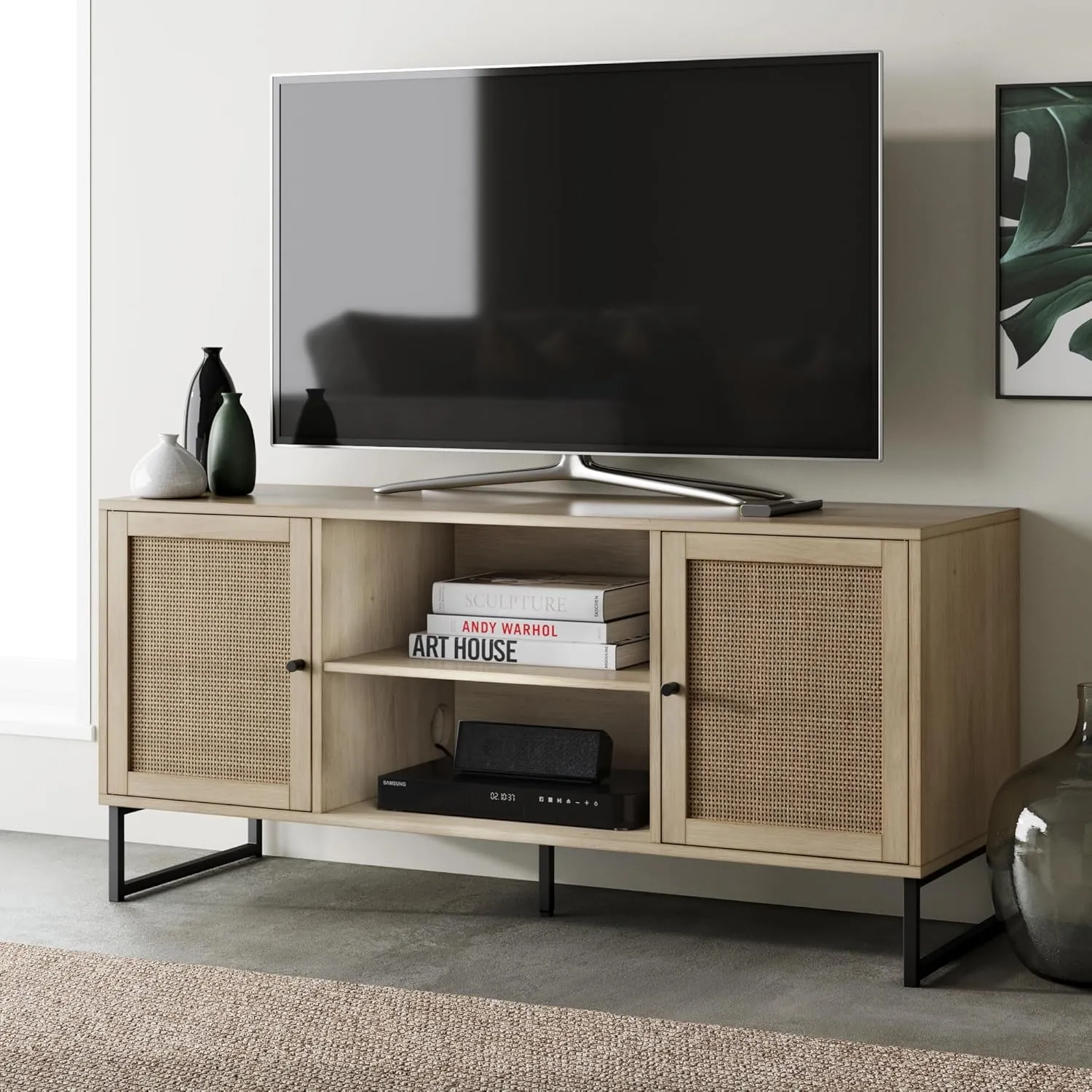 Nathan James 74101 Mina Modern TV Stand, Entertainment Cabinet, Media Console with a Natural Oak Wood Finish and Matte Black Accents with Storage Doors for Living Room or Media Room, Oak/Black