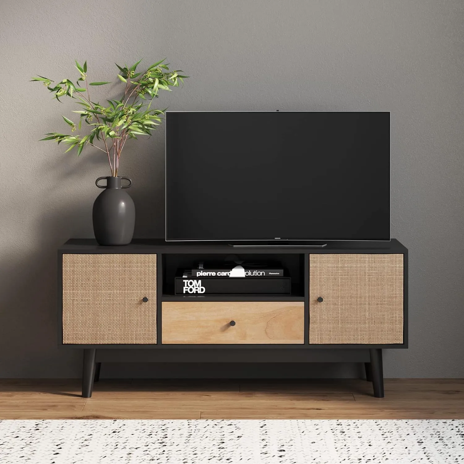 Nathan James 74201 Bonnie Modern TV Stand Entertainment Cabinet, Console with a Natural Wood Finish with Storage Doors for Living Media Room, with Drawer, Black Oak/Rattan
