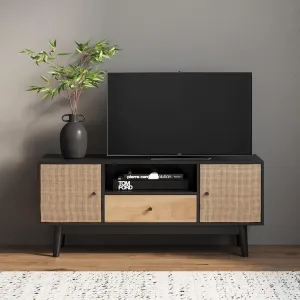Nathan James 74201 Bonnie Modern TV Stand Entertainment Cabinet, Console with a Natural Wood Finish with Storage Doors for Living Media Room, with Drawer, Black Oak/Rattan