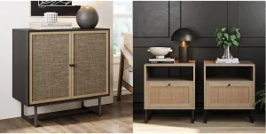 Nathan James Accent Boho Modern Free Standing Buffet Sideboard Hallway & Rattan Nightstand Wood End Side Accent Table with Storage for Living Room or Bedroom, Set of 2, Oak/Black - Set of 2