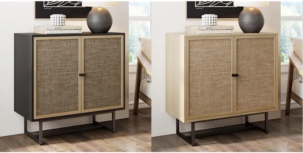 Nathan James Accent Boho Modern Free Standing Buffet Sideboard Hallway, Entryway, Dining Living Room, 1 Storage Cabinet, Kova - Black Oak/Cane & Light Oak/Black