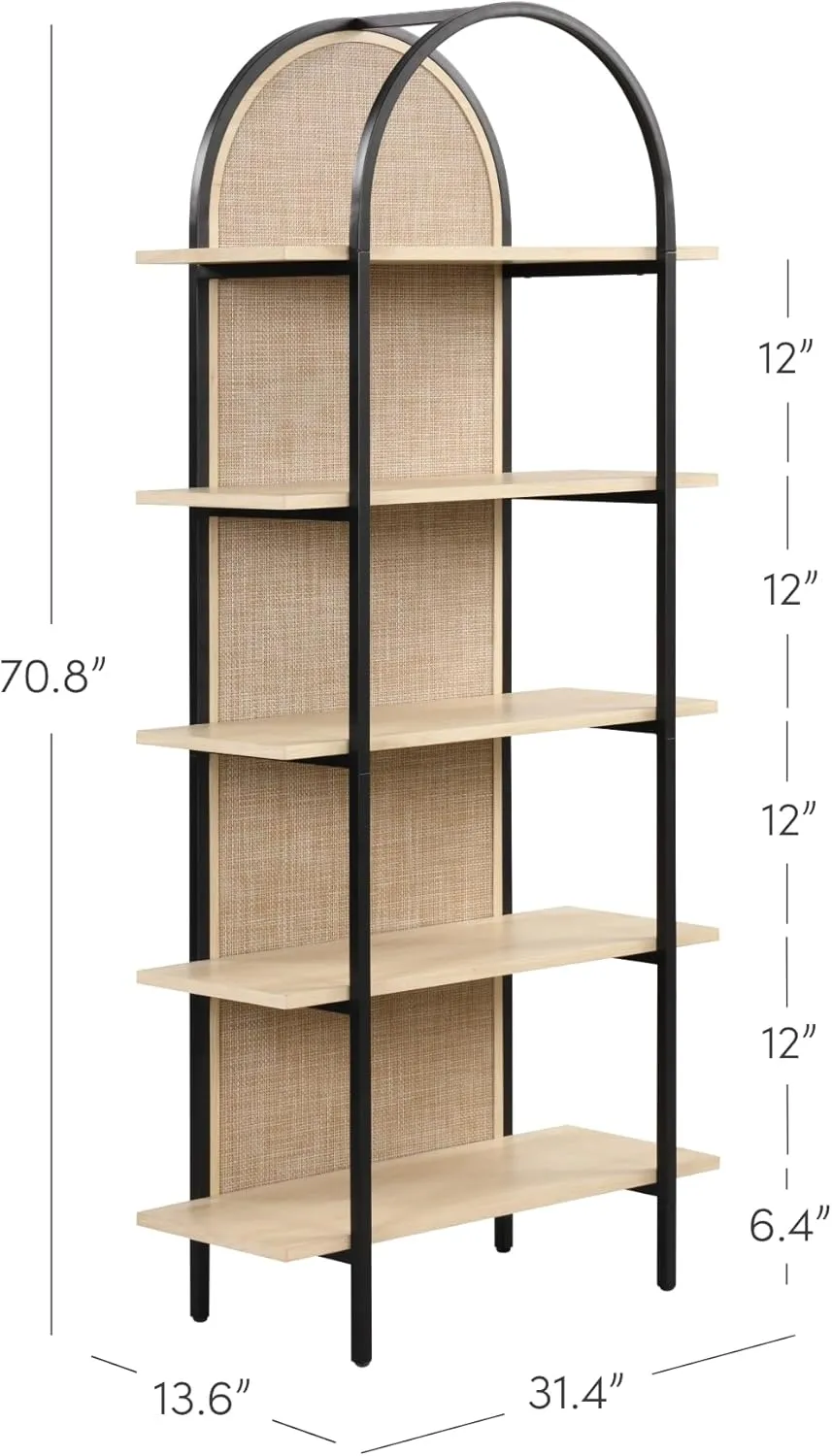 Nathan James Amara Bohemian 5-Shelf Etagere Bookcase, Rattan Open Bookshelf with Arch Top, Light Oak/Matte Black
