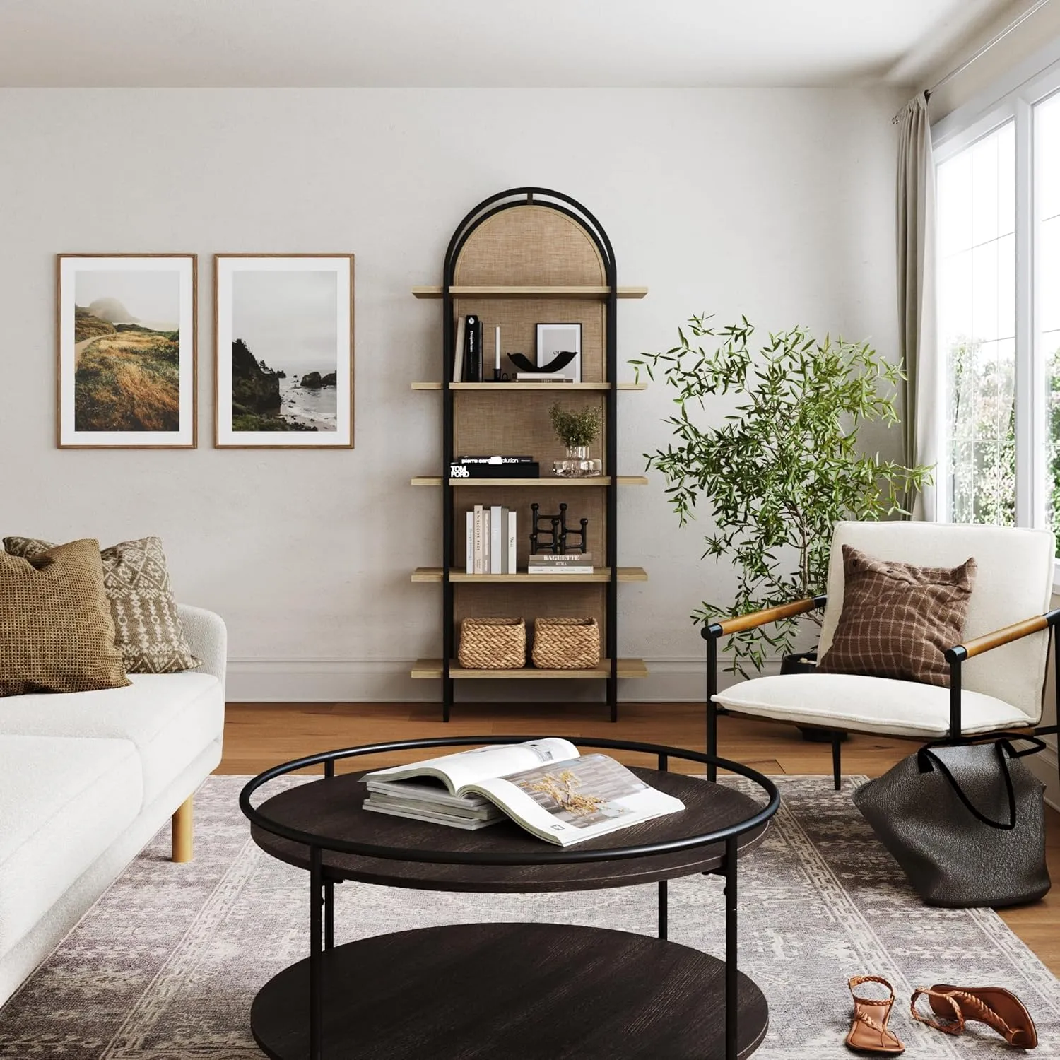 Nathan James Amara Bohemian 5-Shelf Etagere Bookcase, Rattan Open Bookshelf with Arch Top, Light Oak/Matte Black