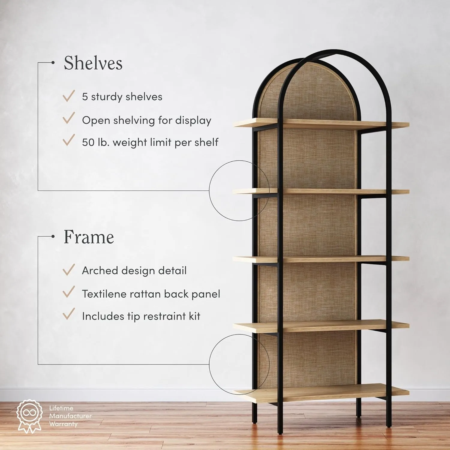 Nathan James Amara Bohemian 5-Shelf Etagere Bookcase, Rattan Open Bookshelf with Arch Top, Light Oak/Matte Black