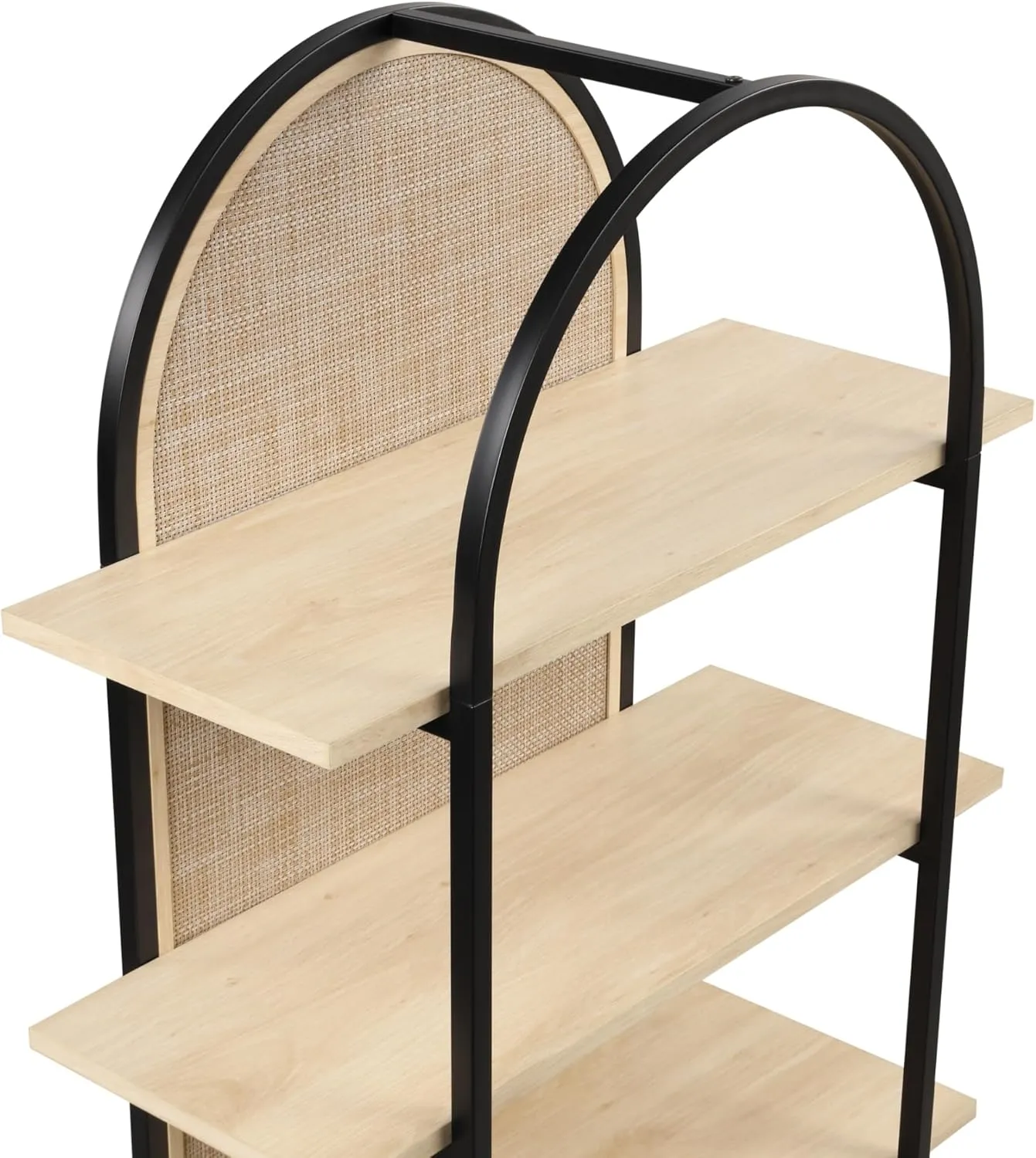 Nathan James Amara Bohemian 5-Shelf Etagere Bookcase, Rattan Open Bookshelf with Arch Top, Light Oak/Matte Black
