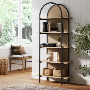 Nathan James Amara Bohemian 5-Shelf Etagere Bookcase, Rattan Open Bookshelf with Arch Top, Light Oak/Matte Black