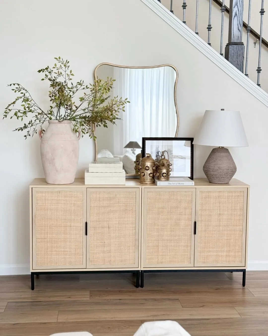 Nathan James Andrew Bohemian TV Stand or Kitchen Sideboard Credenza, Rattan Accent Cabinet with Metal Legs, Light Oak/Matte Black, Set of 2