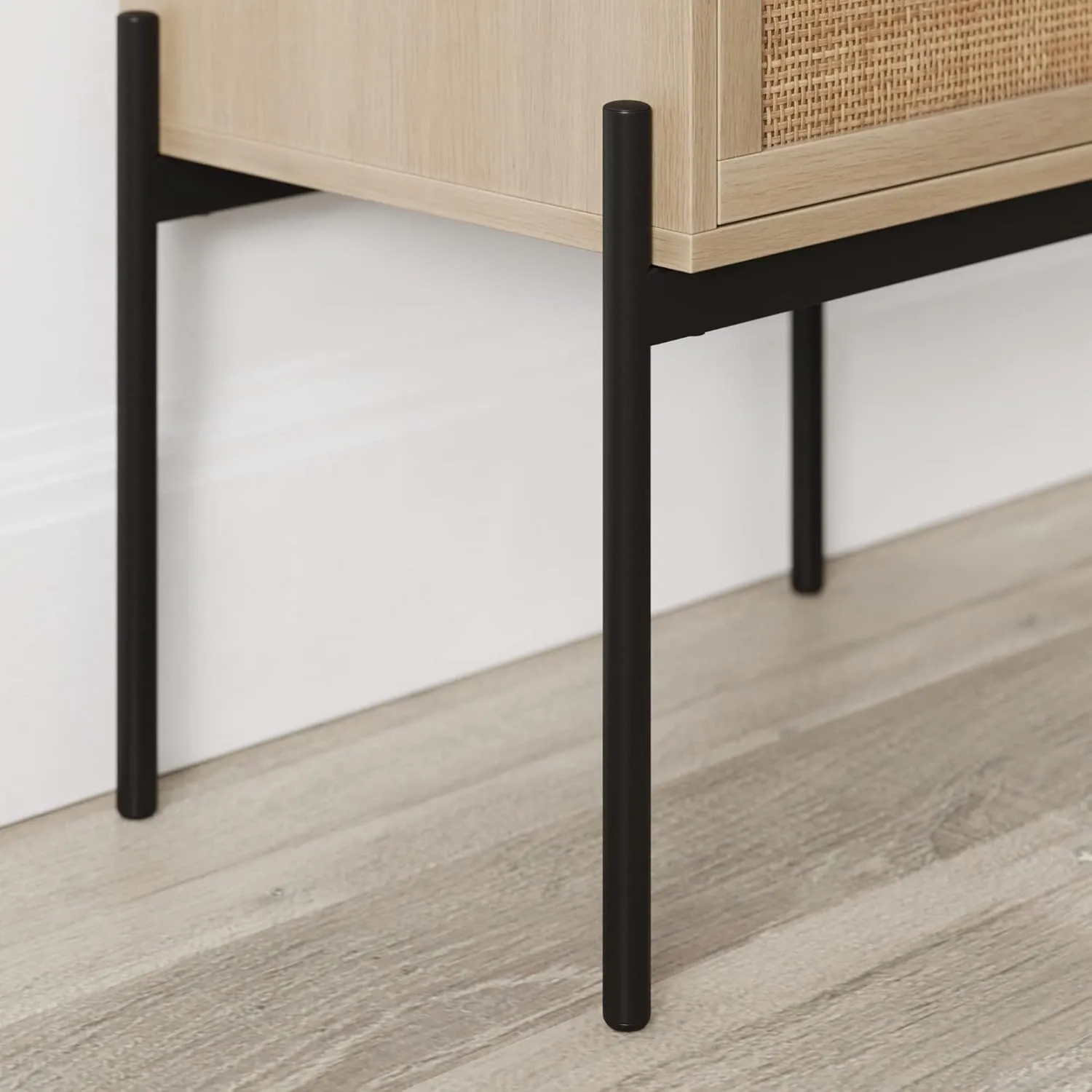 Nathan James Andrew End, Bedside or Side Table in Matte Light Oak Finish with Two Natural Rattan Drawers Doors for Storage and Brass Gold Accents for Living Room or Bedroom, Oak/Cane/Gold, Set of 2