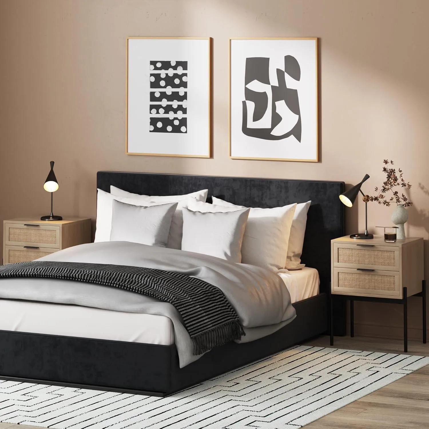 Nathan James Andrew End, Bedside or Side Table in Matte Light Oak Finish with Two Natural Rattan Drawers Doors for Storage and Brass Gold Accents for Living Room or Bedroom, Oak/Cane/Gold, Set of 2