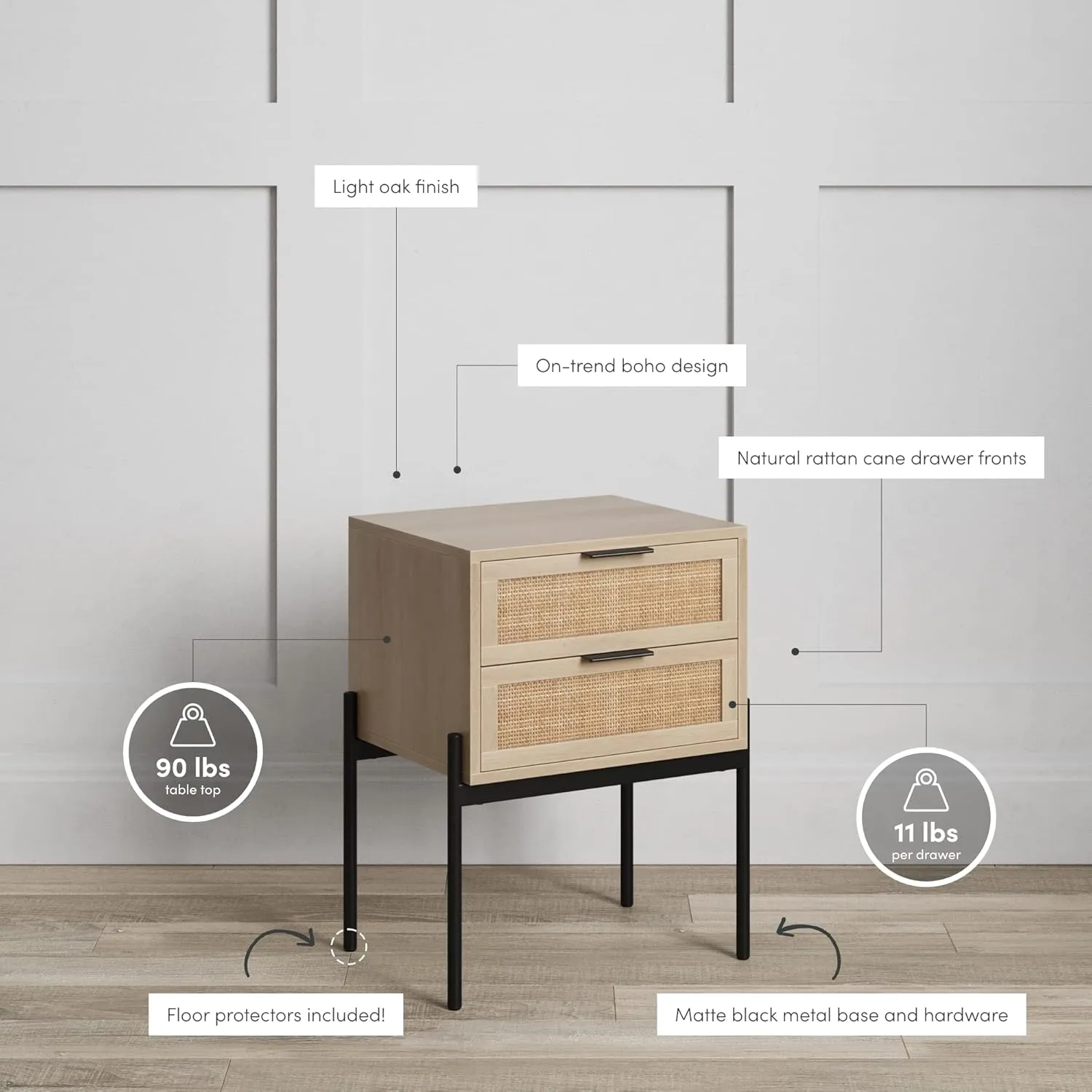 Nathan James Andrew End, Bedside or Side Table in Matte Light Oak Finish with Two Natural Rattan Drawers Doors for Storage and Brass Gold Accents for Living Room or Bedroom, Oak/Cane/Gold, Set of 2