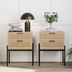 Nathan James Andrew End, Bedside or Side Table in Matte Light Oak Finish with Two Natural Rattan Drawers Doors for Storage and Brass Gold Accents for Living Room or Bedroom, Oak/Cane/Gold, Set of 2