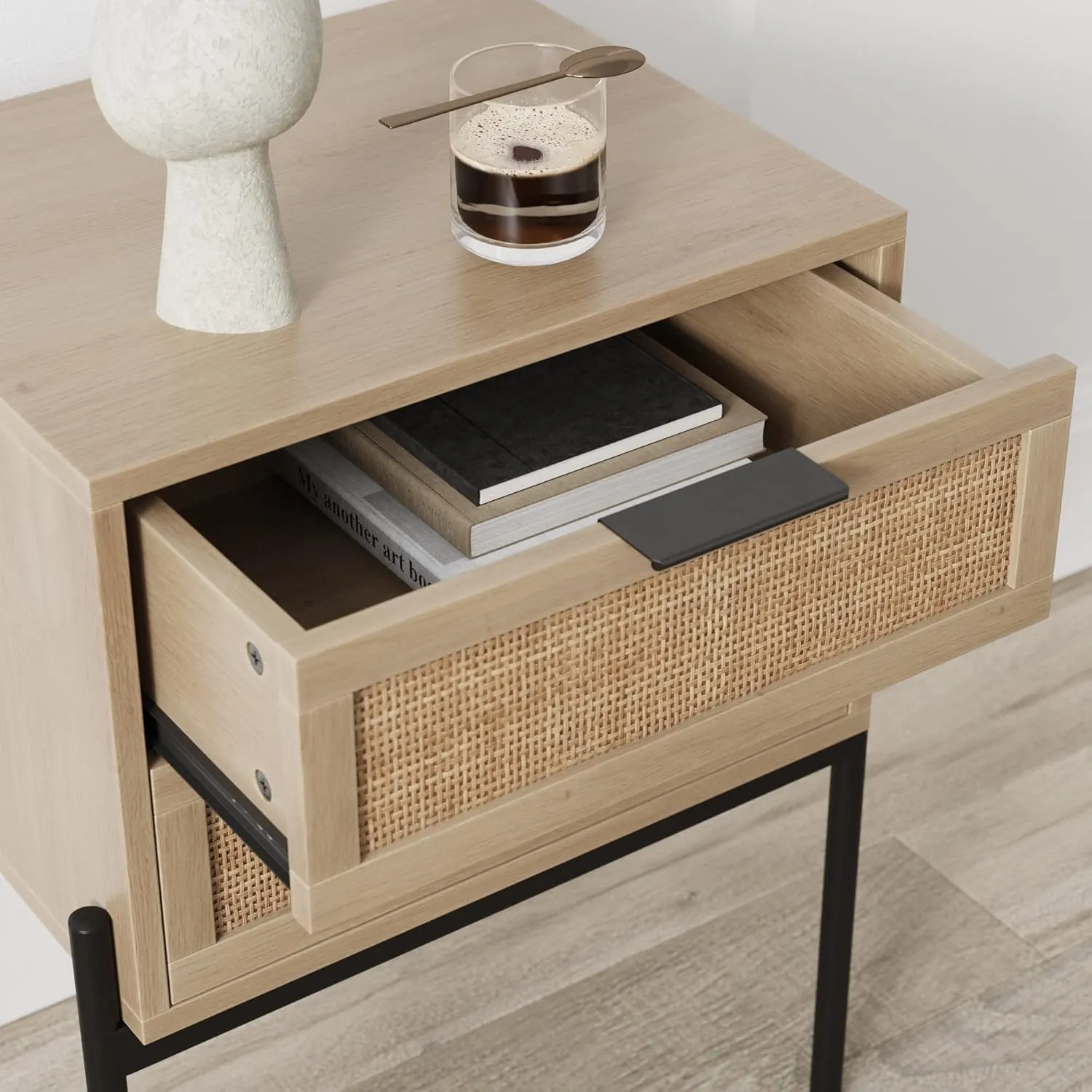 Nathan James Andrew End, Bedside or Side Table in Matte Light Oak Finish with Two Natural Rattan Drawers Doors for Storage and Brass Gold Accents for Living Room or Bedroom, Oak/Cane/Gold, Set of 2