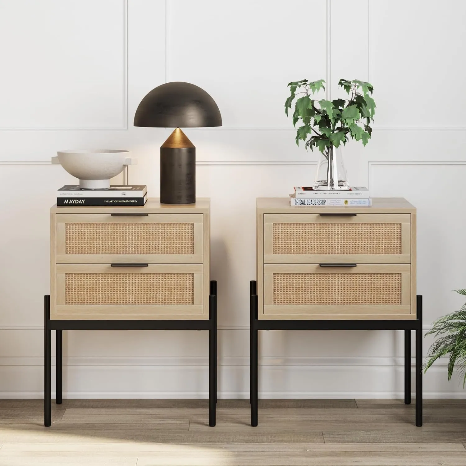 Nathan James Andrew End, Bedside or Side Table in Matte Light Oak Finish with Two Natural Rattan Drawers Doors for Storage and Brass Gold Accents for Living Room or Bedroom, Oak/Cane/Gold, Set of 2