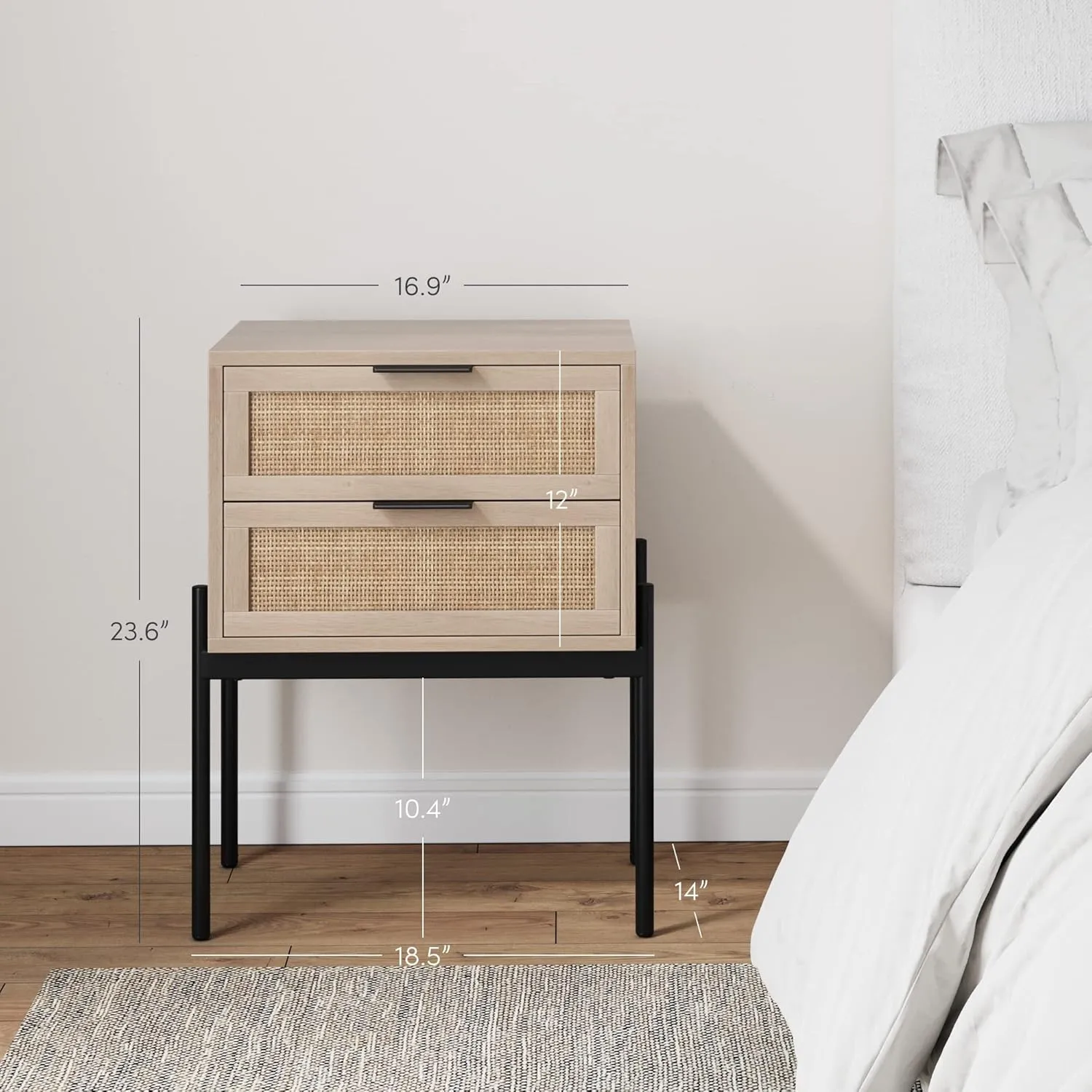 Nathan James Andrew End, Bedside or Side Table in Matte Light Oak Finish with Two Natural Rattan Drawers Doors for Storage and Brass Gold Accents for Living Room or Bedroom, Oak/Cane/Gold, Set of 2