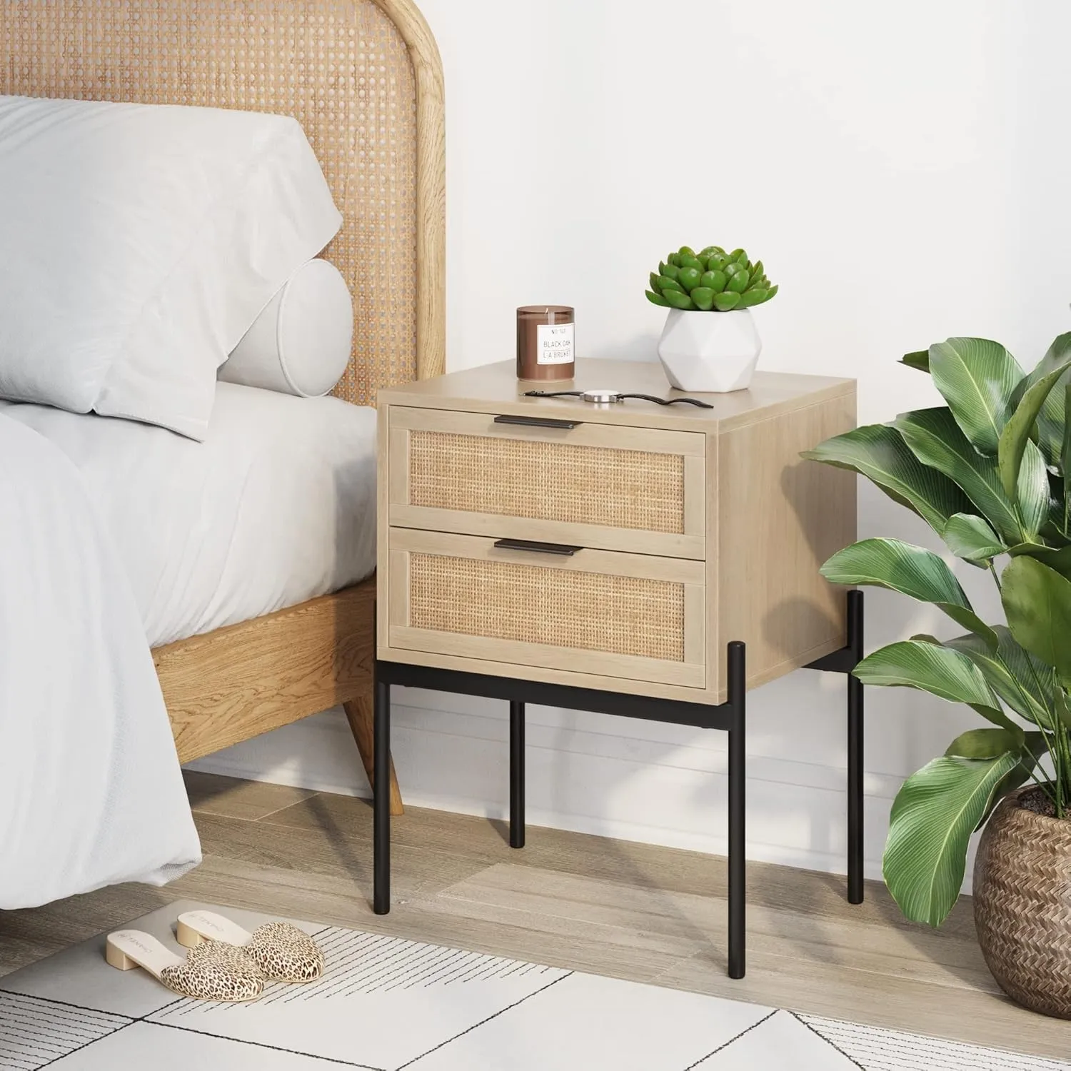 Nathan James Andrew Nightstand, Accent Bedside End Side Table with Storage Drawer, and Mid-Century Modern Legs for Living Room or Bedroom, 1, Oak/Cane/Gold