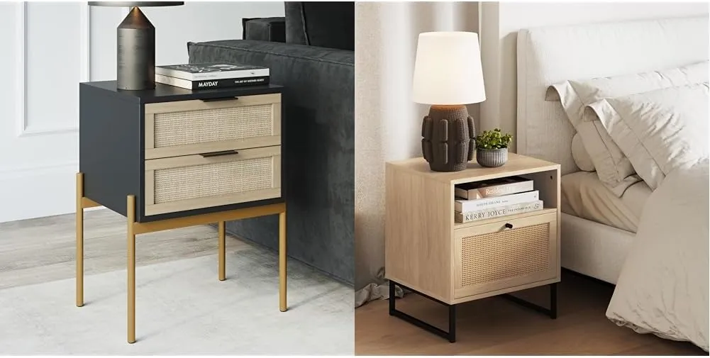 Nathan James Andrew Nightstand Bundle with Mina Rattan Wood End Table, Black/Gold and Oak/Black Accent Tables with Storage for Bedroom or Living Room