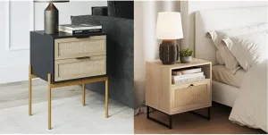 Nathan James Andrew Nightstand Bundle with Mina Rattan Wood End Table, Black/Gold and Oak/Black Accent Tables with Storage for Bedroom or Living Room