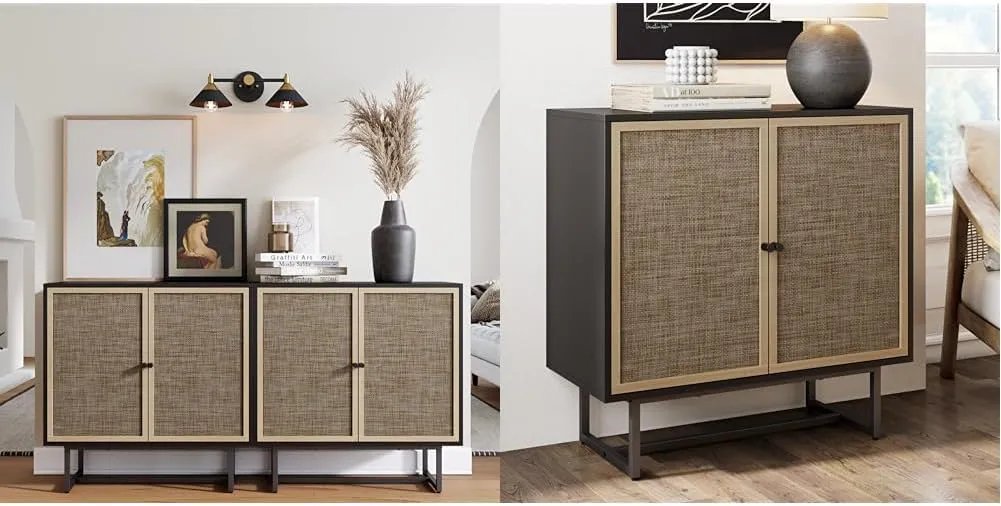Nathan James Boho Modern 2 Piece Black Oak & Cane Storage Cabinet Set with Swinging Doors