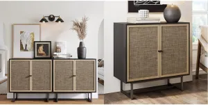 Nathan James Boho Modern 2 Piece Black Oak & Cane Storage Cabinet Set with Swinging Doors