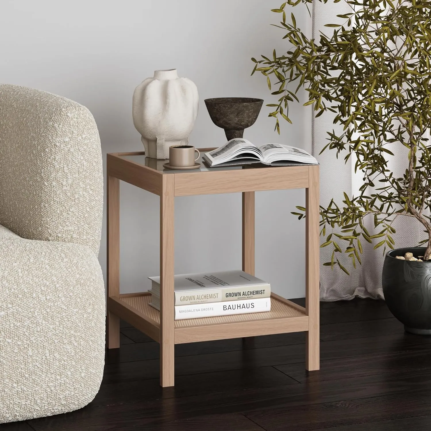 Nathan James Hayes Bohemian Glass End Table, Solid Wood Side Table, Rattan End Table with Storage, Raw Oak