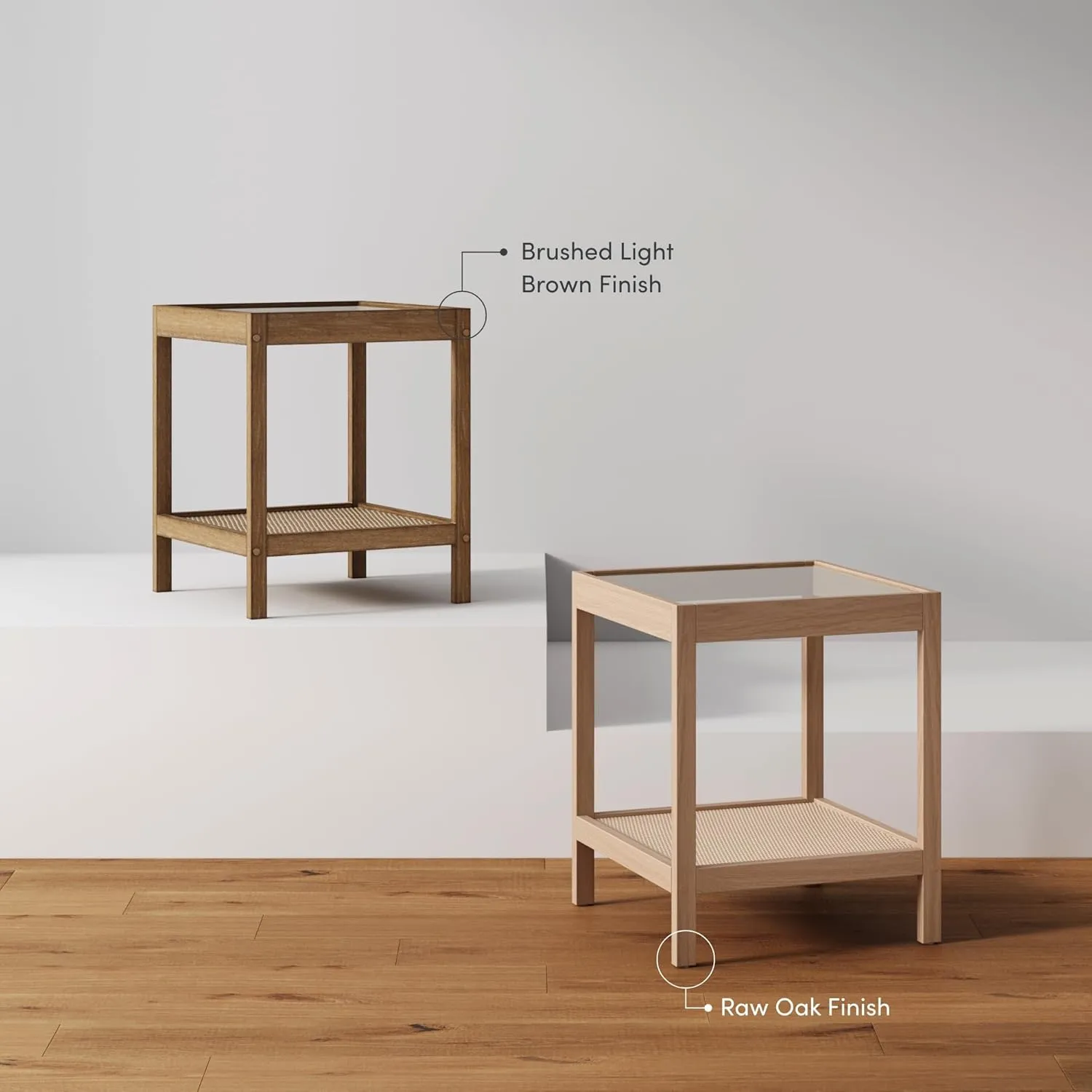 Nathan James Hayes Bohemian Glass End Table, Solid Wood Side Table, Rattan End Table with Storage, Raw Oak