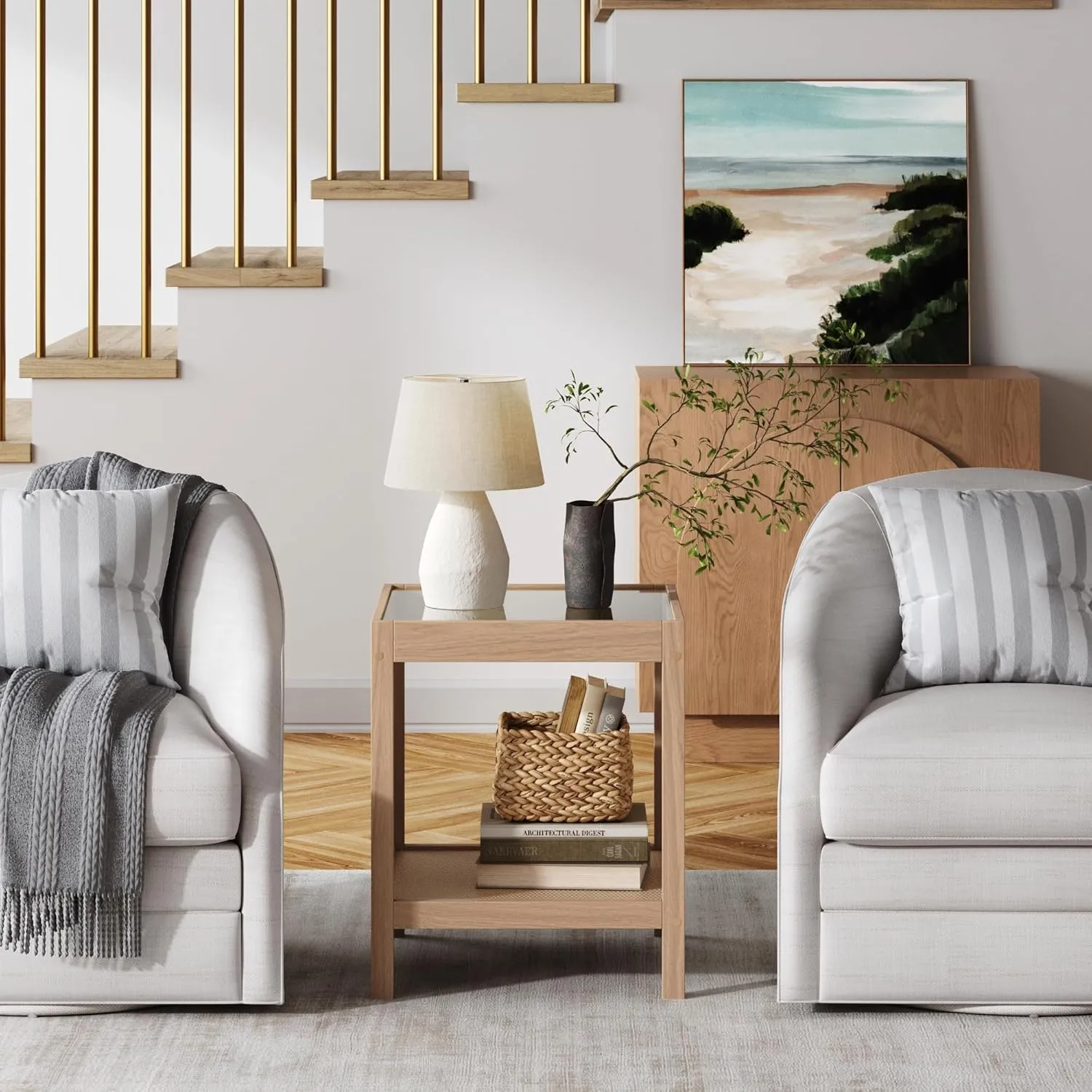 Nathan James Hayes Bohemian Glass End Table, Solid Wood Side Table, Rattan End Table with Storage, Raw Oak