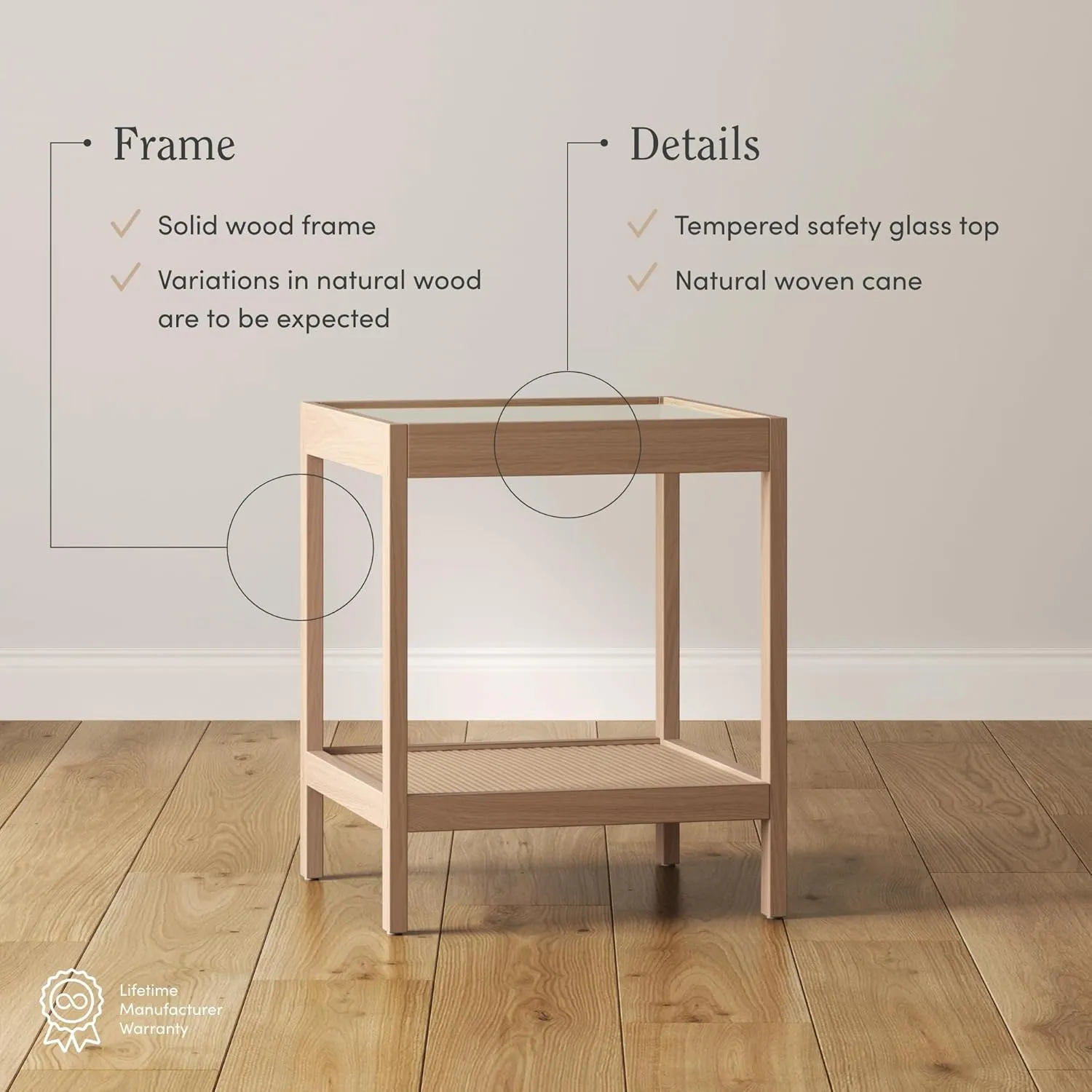 Nathan James Hayes Bohemian Glass End Table, Solid Wood Side Table, Rattan End Table with Storage, Raw Oak