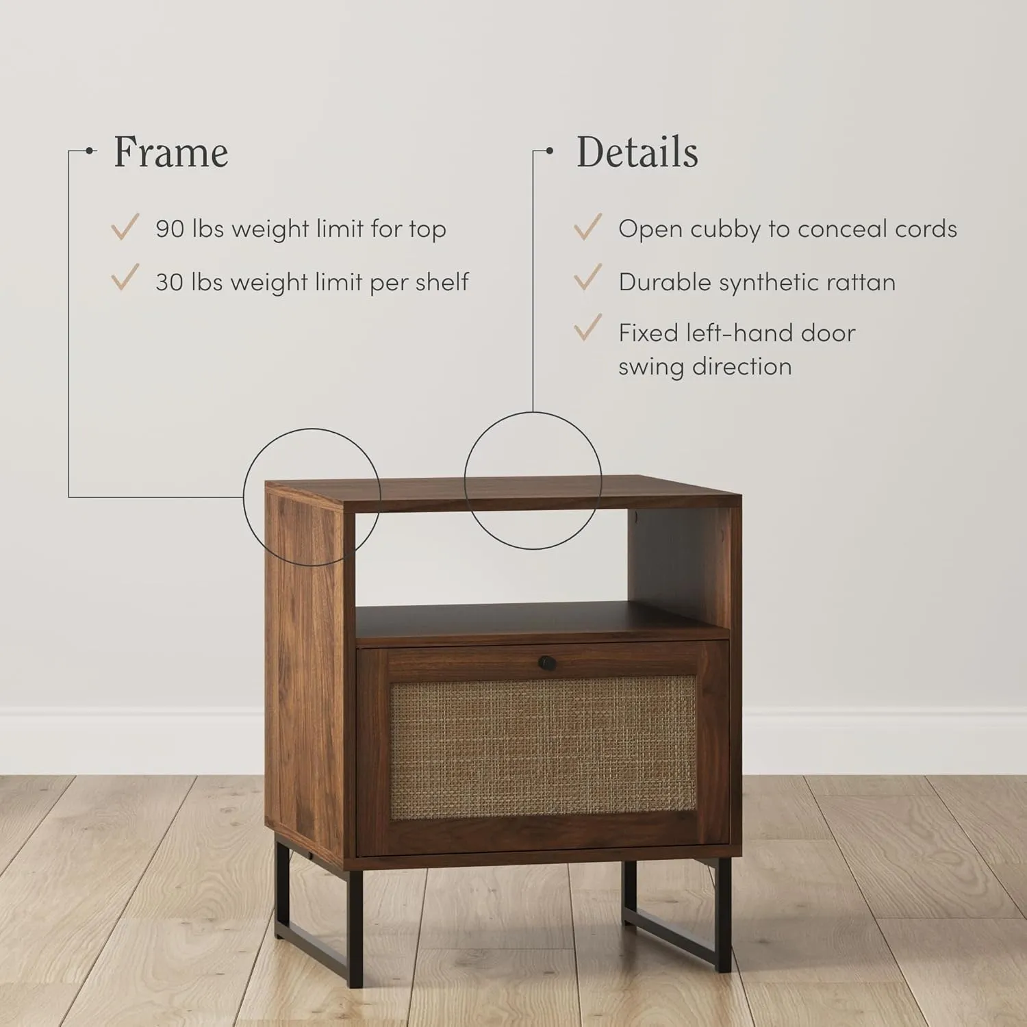 Nathan James Mina Boho Nightstand, Small Nightstand, Rattan End Table with Storage, Walnut Side Table with Rattan Accent