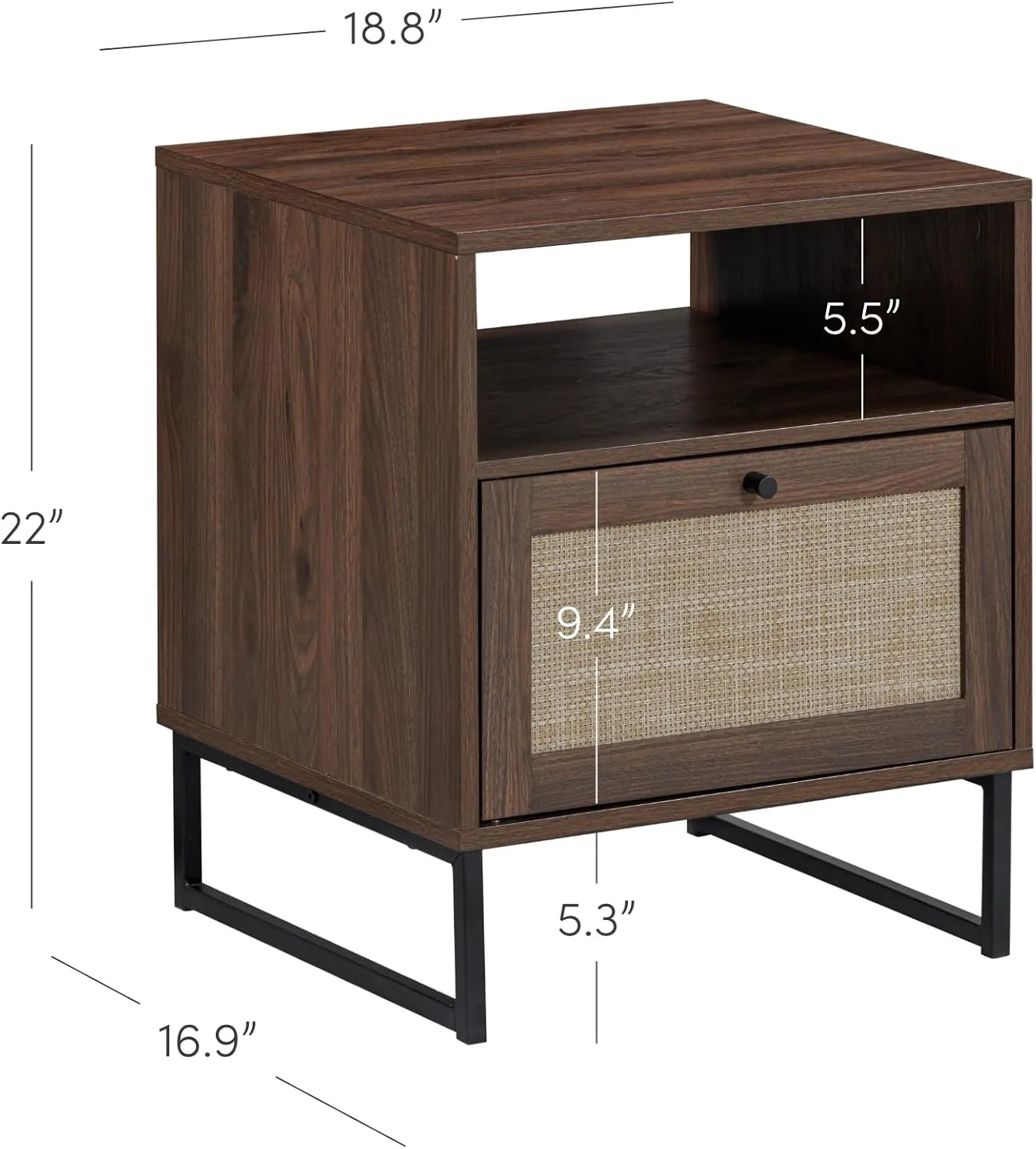 Nathan James Mina Boho Nightstand, Small Nightstand, Rattan End Table with Storage, Walnut Side Table with Rattan Accent