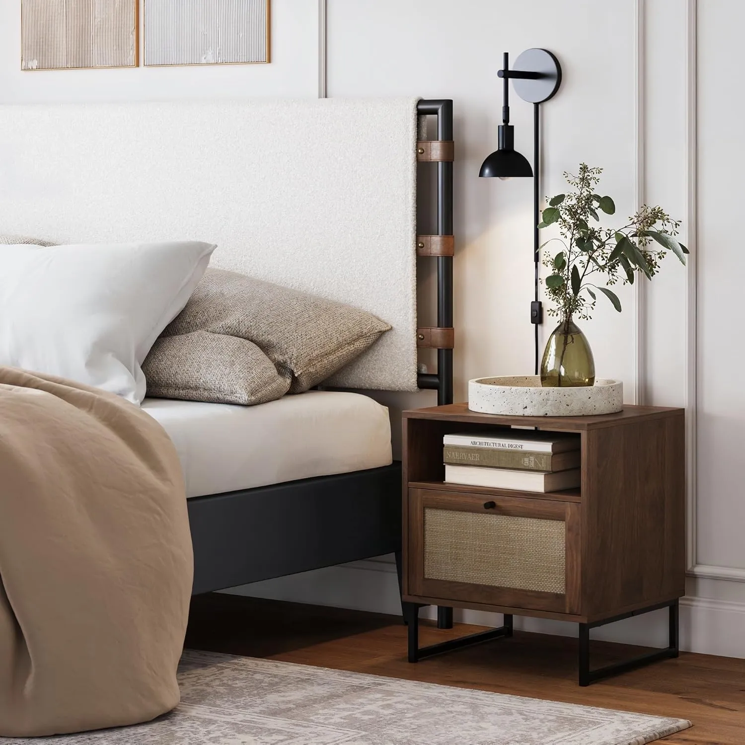 Nathan James Mina Boho Nightstand, Small Nightstand, Rattan End Table with Storage, Walnut Side Table with Rattan Accent
