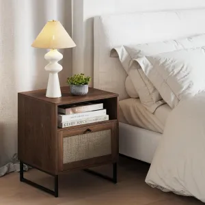 Nathan James Mina Boho Nightstand, Small Nightstand, Rattan End Table with Storage, Walnut Side Table with Rattan Accent