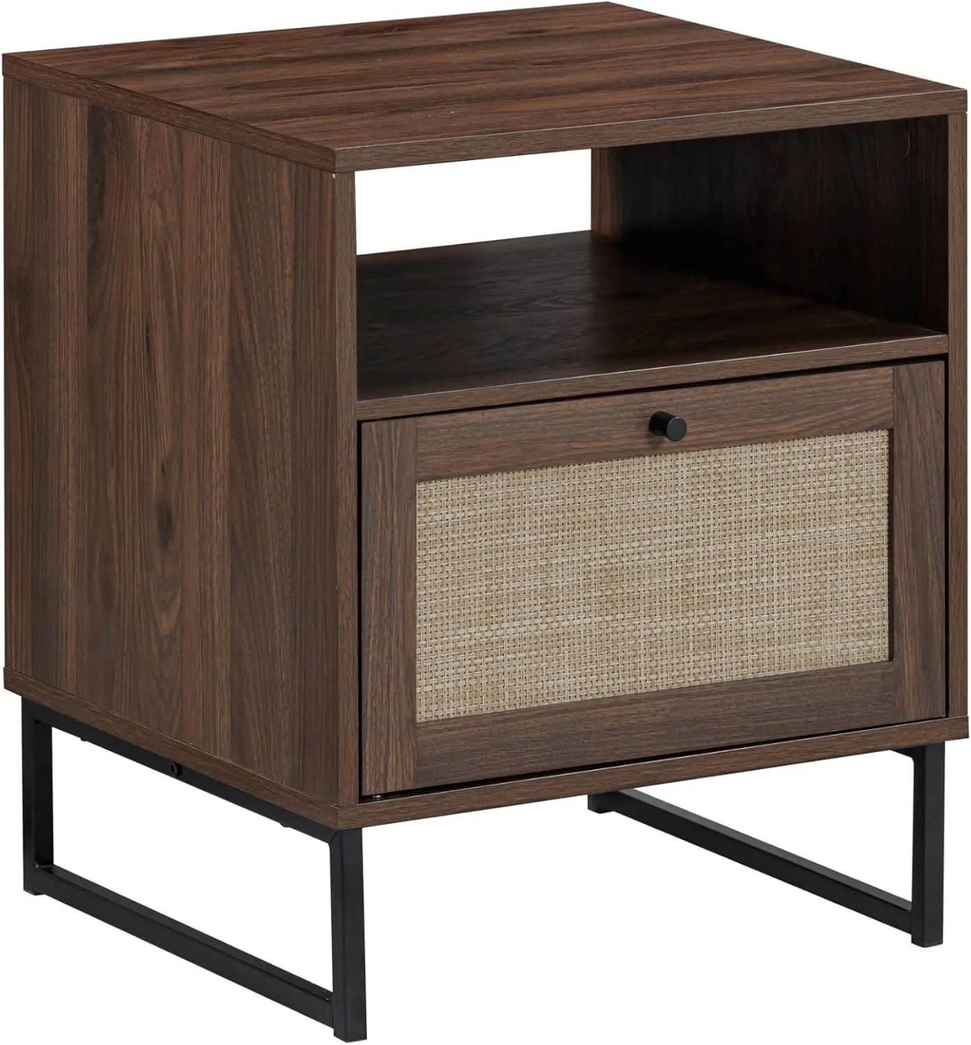 Nathan James Mina Boho Nightstand, Small Nightstand, Rattan End Table with Storage, Walnut Side Table with Rattan Accent