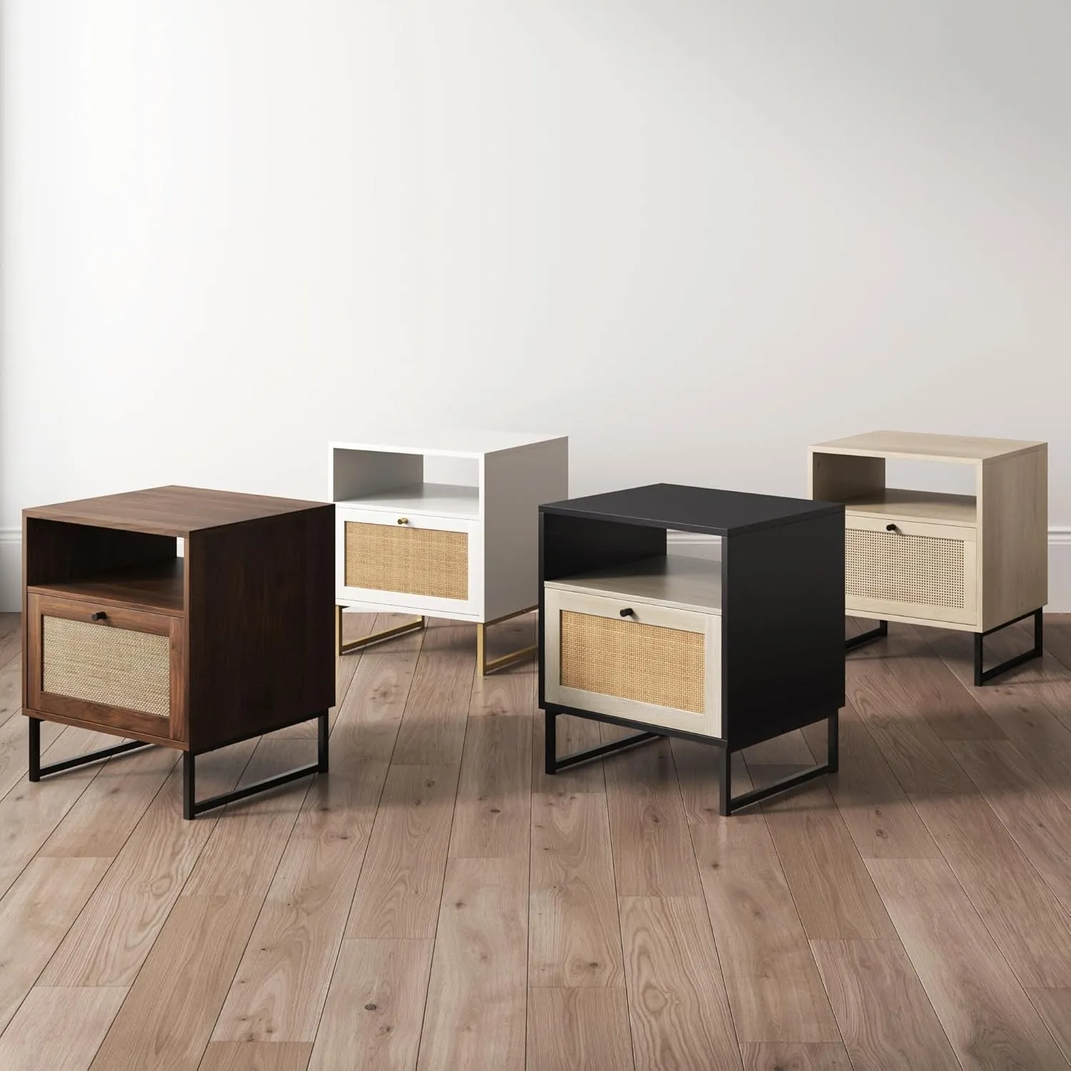 Nathan James Mina Boho Nightstand, Small Nightstand, Rattan End Table with Storage, Walnut Side Table with Rattan Accent