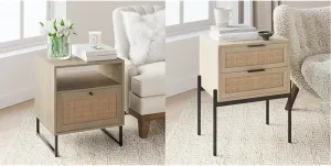 Nathan James Mina Rattan Wood End Side Accent Table Nightstand & Andrew Nightstand, Accent Bedside End Side Table with Storage Drawer