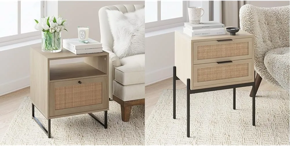 Nathan James Mina Rattan Wood End Side Accent Table Nightstand & Andrew Nightstand, Accent Bedside End Side Table with Storage Drawer