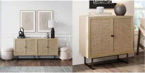 Nathan James Set of 2 Boho Modern Free Standing Buffet Sideboard Hallway Storage Cabinets, Light Oak/Cane/Black