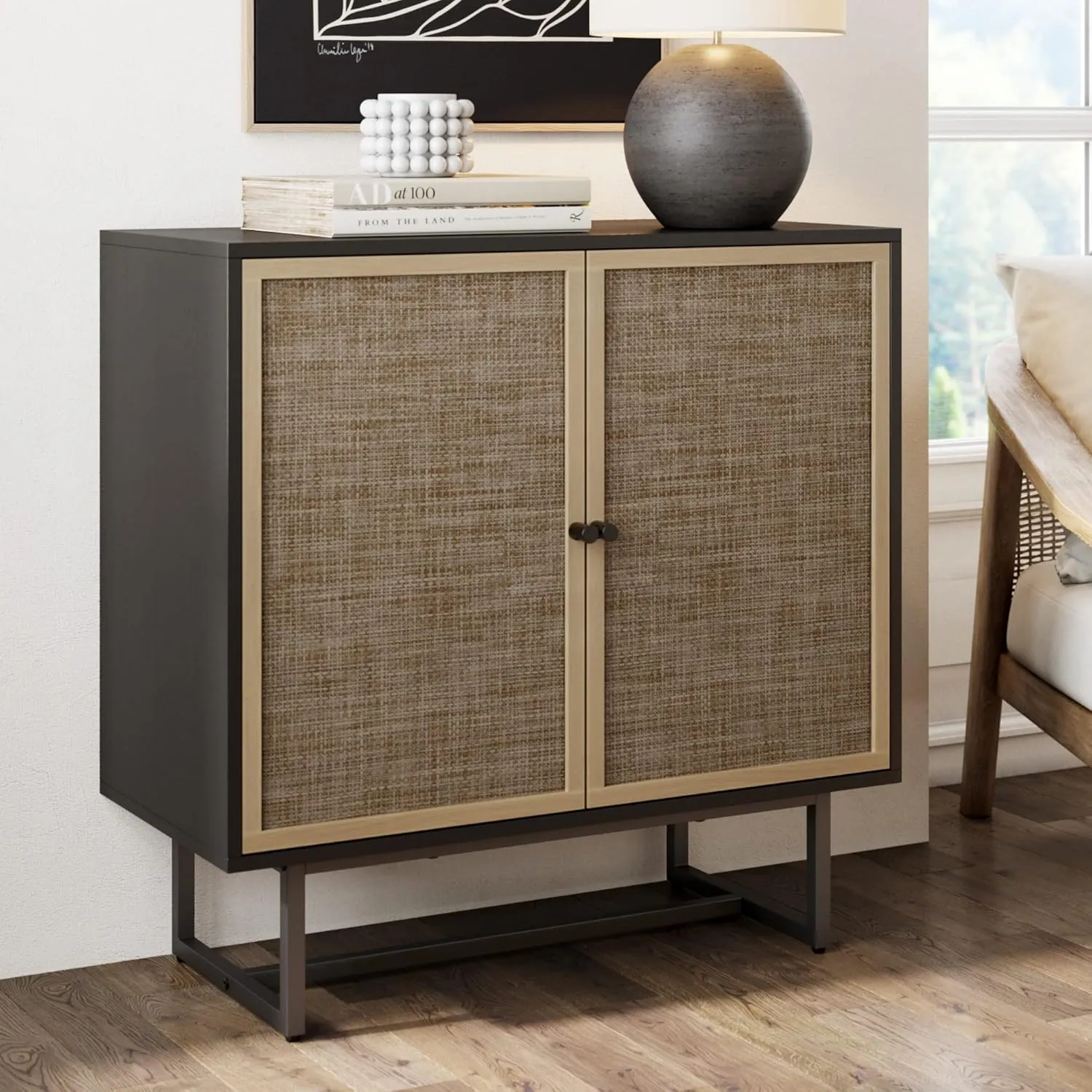 Nathan James Sideboard Buffet Modern Storage, Free Standing Accent Cabinet for Hallway, Entryway or Living Room, 1, Black Oak/Cane & Mina Rattan Wood End Side Accent Table Nightstand