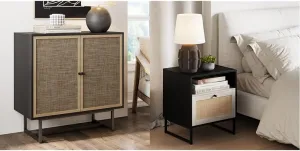 Nathan James Sideboard Buffet Modern Storage, Free Standing Accent Cabinet for Hallway, Entryway or Living Room, 1, Black Oak/Cane & Mina Rattan Wood End Side Accent Table Nightstand