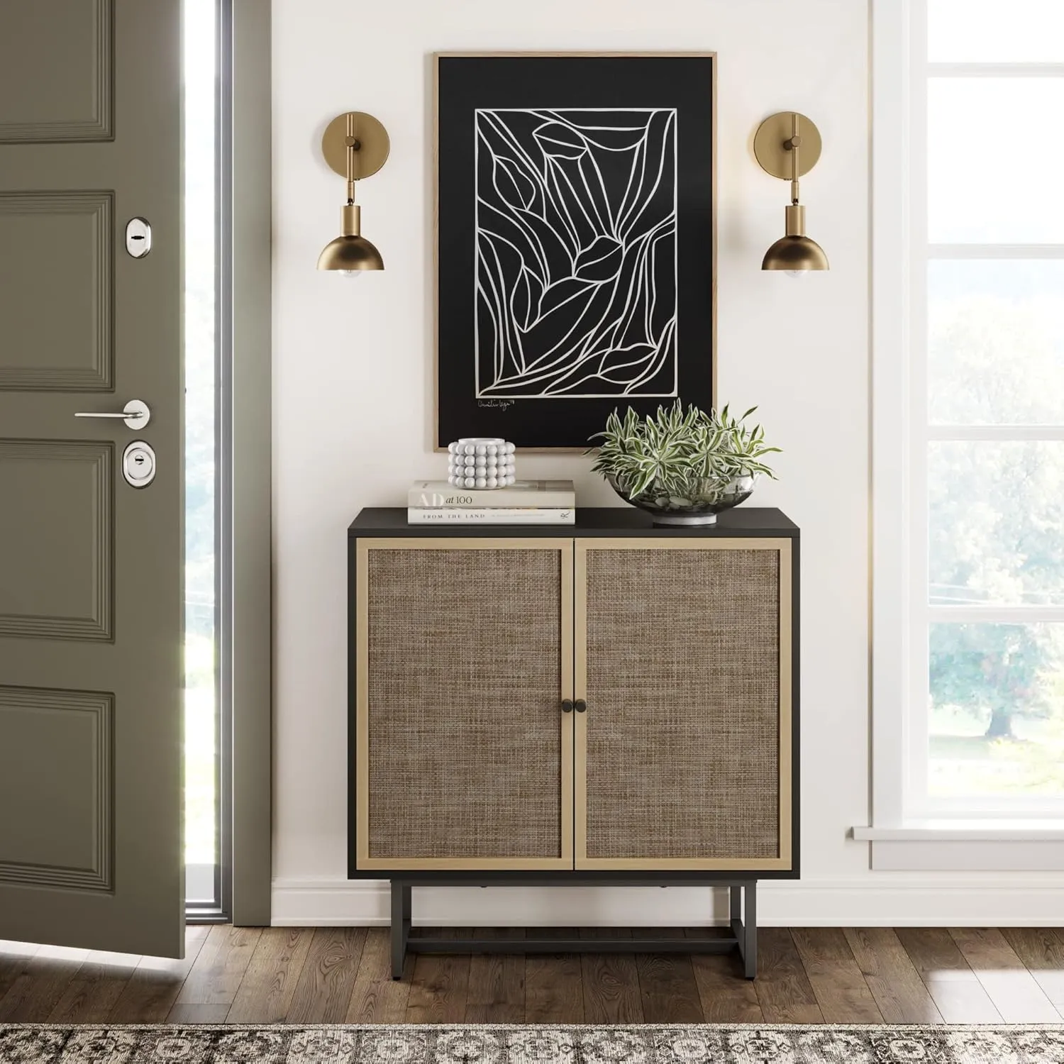 Nathan James Sideboard Buffet Modern Storage, Free Standing Accent Cabinet for Hallway, Entryway or Living Room, 1, Black Oak/Cane & Mina Rattan Wood End Side Accent Table Nightstand