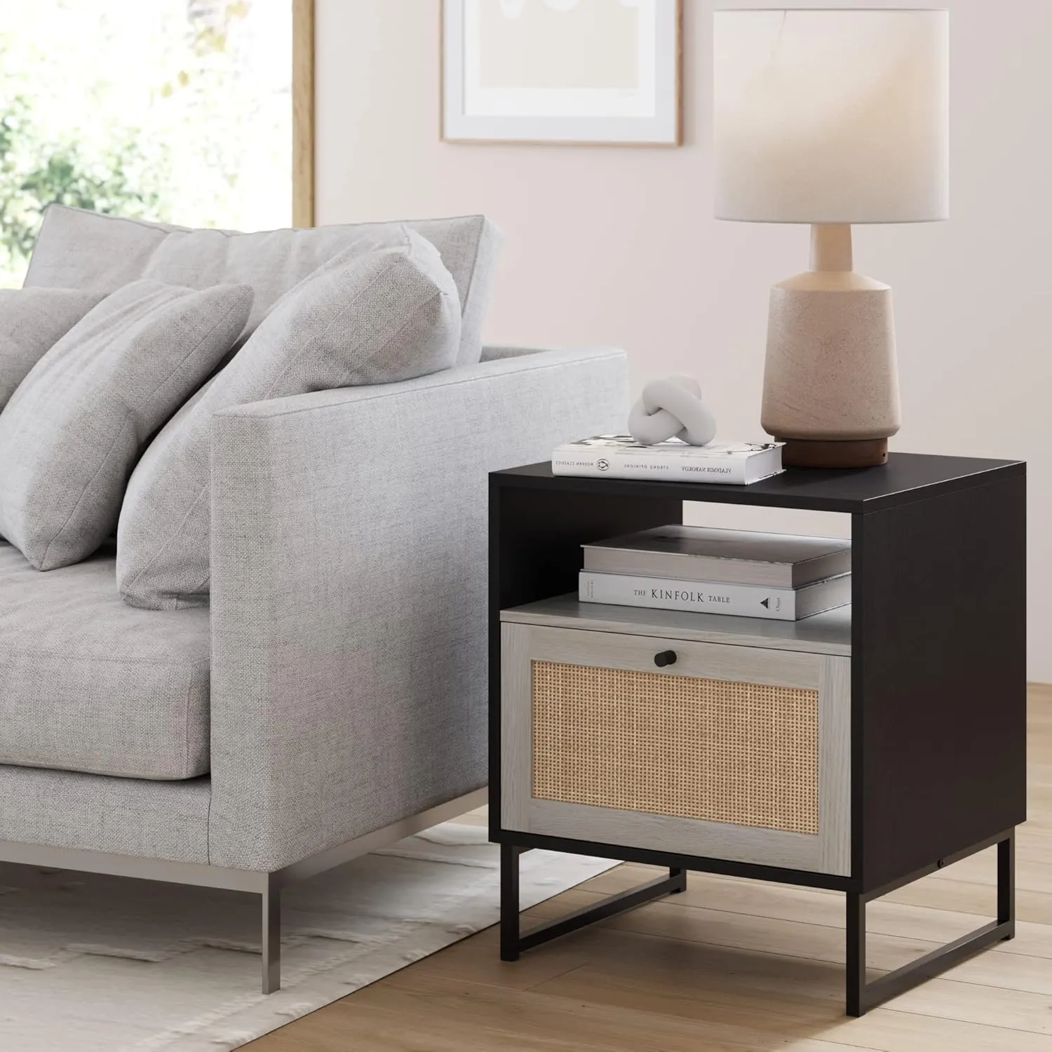 Nathan James Sideboard Buffet Modern Storage, Free Standing Accent Cabinet for Hallway, Entryway or Living Room, 1, Black Oak/Cane & Mina Rattan Wood End Side Accent Table Nightstand
