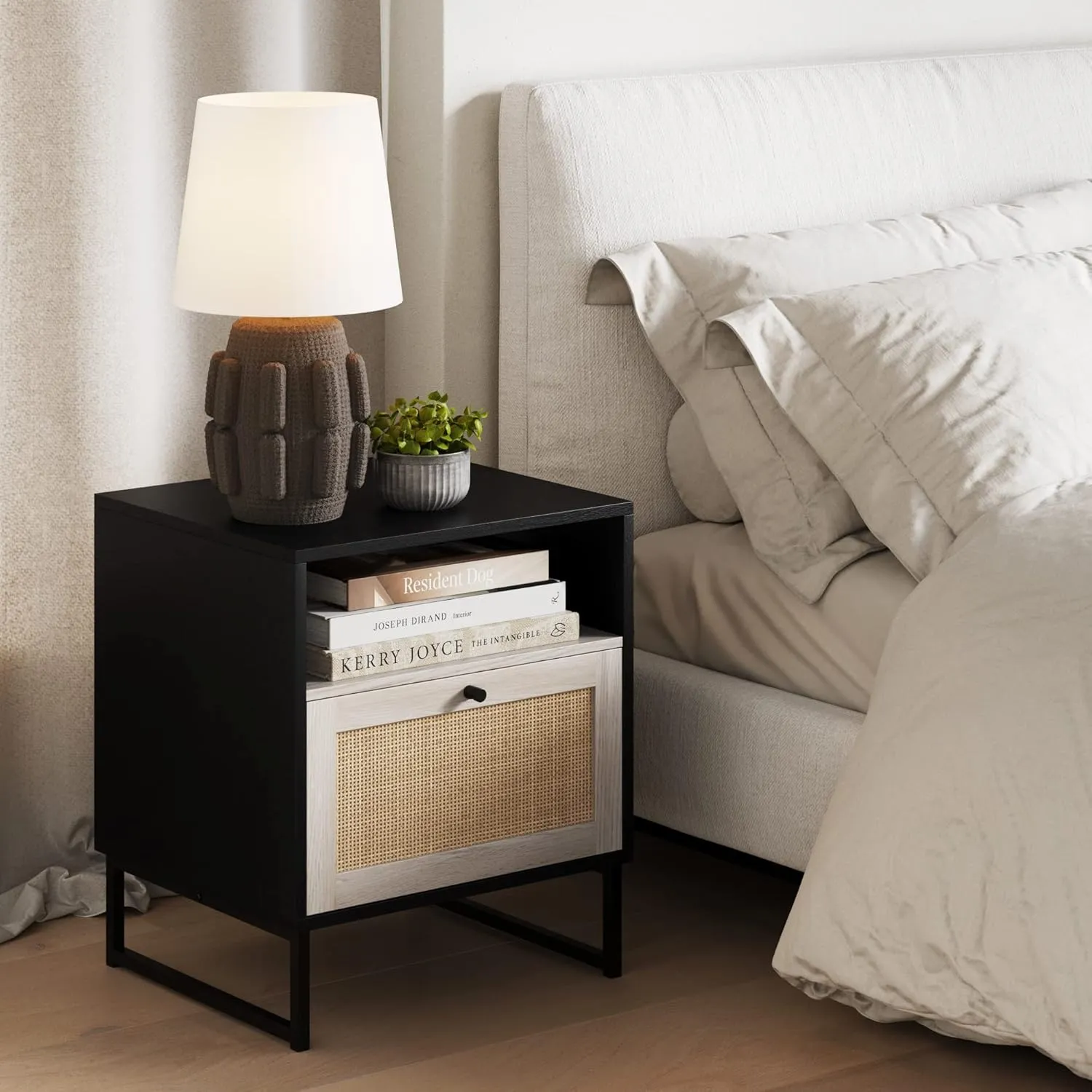 Nathan James Sideboard Buffet Modern Storage, Free Standing Accent Cabinet for Hallway, Entryway or Living Room, 1, Black Oak/Cane & Mina Rattan Wood End Side Accent Table Nightstand